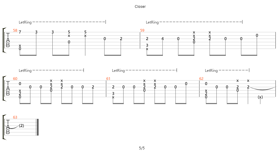 Closer吉他谱,原版烟鬼组合歌曲,简单指弹曲谱,高清六线乐谱