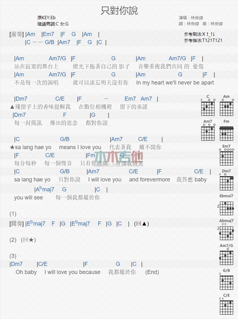 只对你说吉他谱,简单C调原版指弹曲谱,林俊杰高清流行弹唱六线乐谱