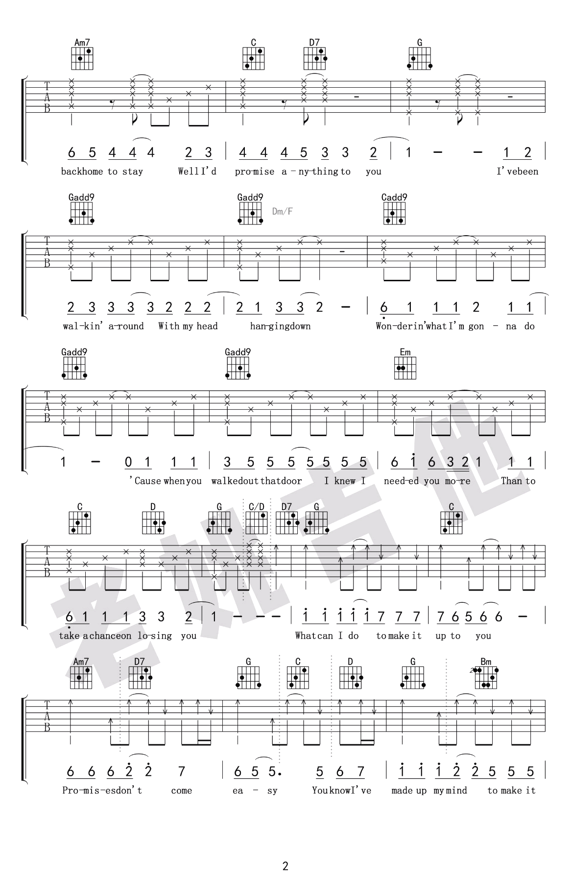 Promise Dont Come Easy吉他谱,原版Caron Nightingale歌曲,简单G调指弹曲谱,高清六线乐谱教学