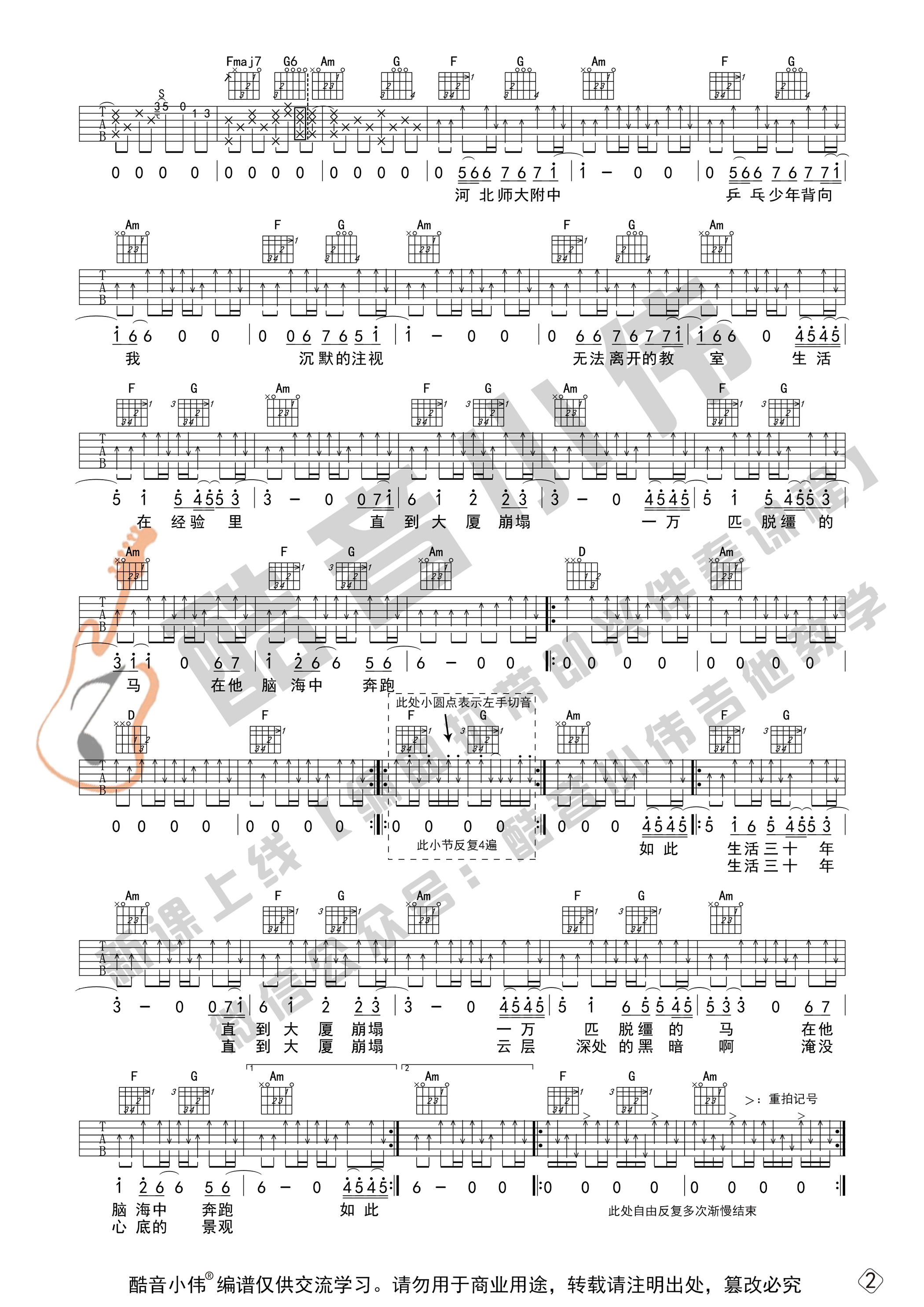 杀死那个石家庄人吉他谱,万能青年旅店合集歌曲,简单指弹教学简谱,初级/中级版吉他六线谱 