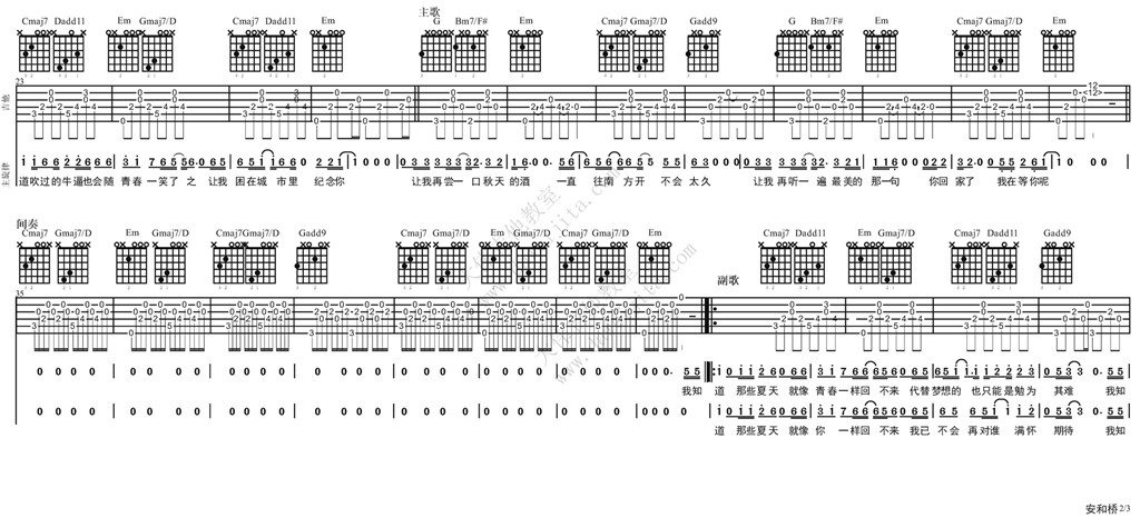 安和桥吉他谱,原版宋冬野歌曲,简单G调指弹曲谱,高清六线乐谱视频教学