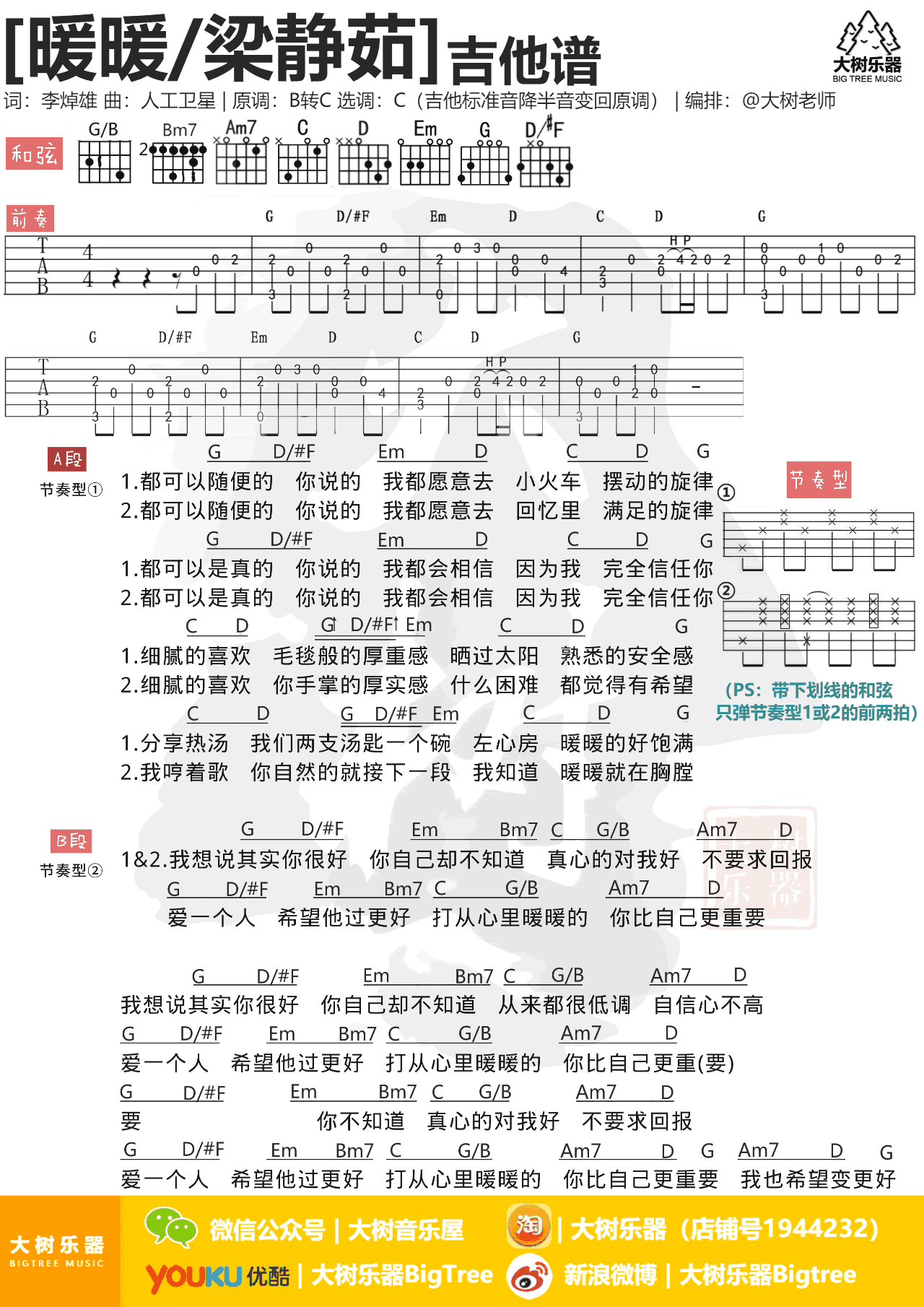 梁静茹暖暖吉他谱,简单C调原版指弹曲谱,梁静茹高清六线乐谱