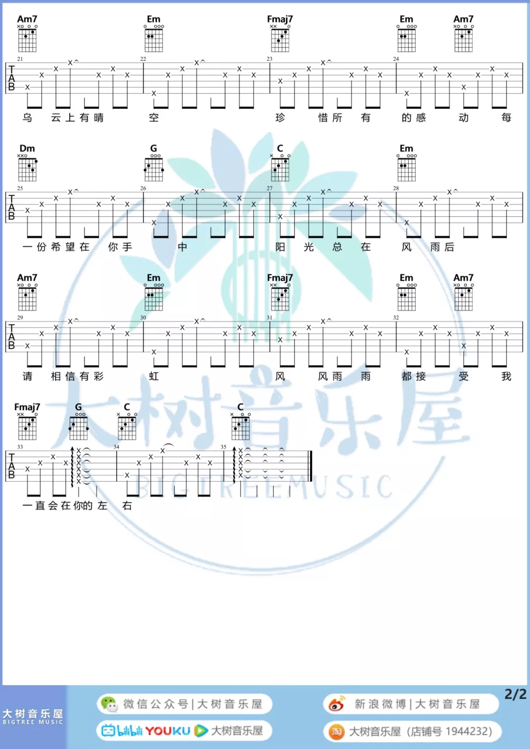 阳光总在风雨后吉他谱,简单C调原版指弹曲谱,许美静高清流行弹唱六线乐谱