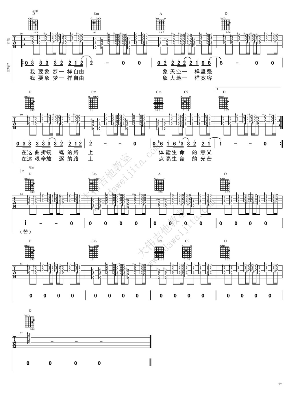 像梦一样自由吉他谱,C调高清简单谱教学简谱,汪峰六线谱原版六线谱图片